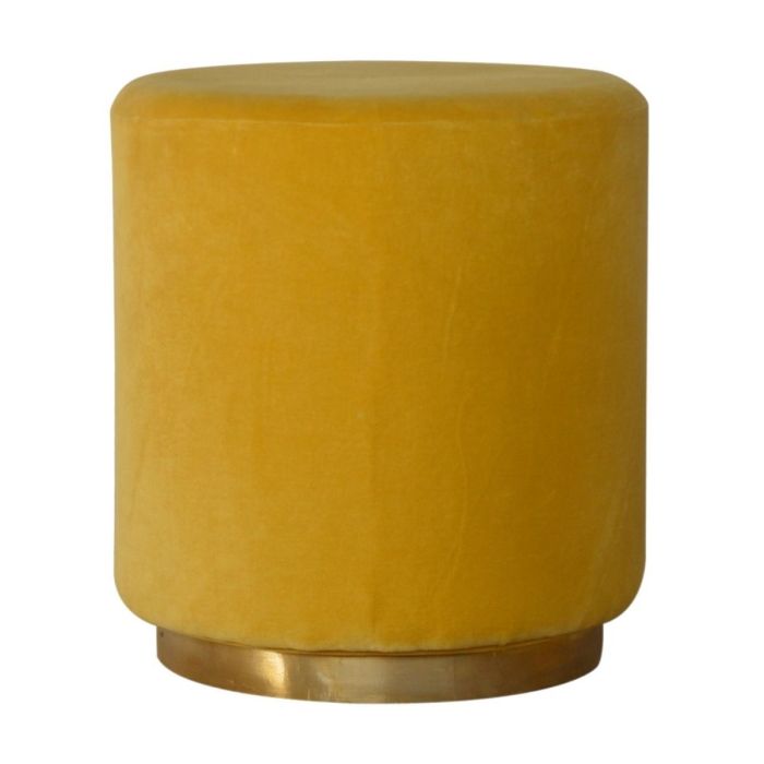 Solid Mango Wood Upholstered Velvet Footstool - Mustard With Gold Base