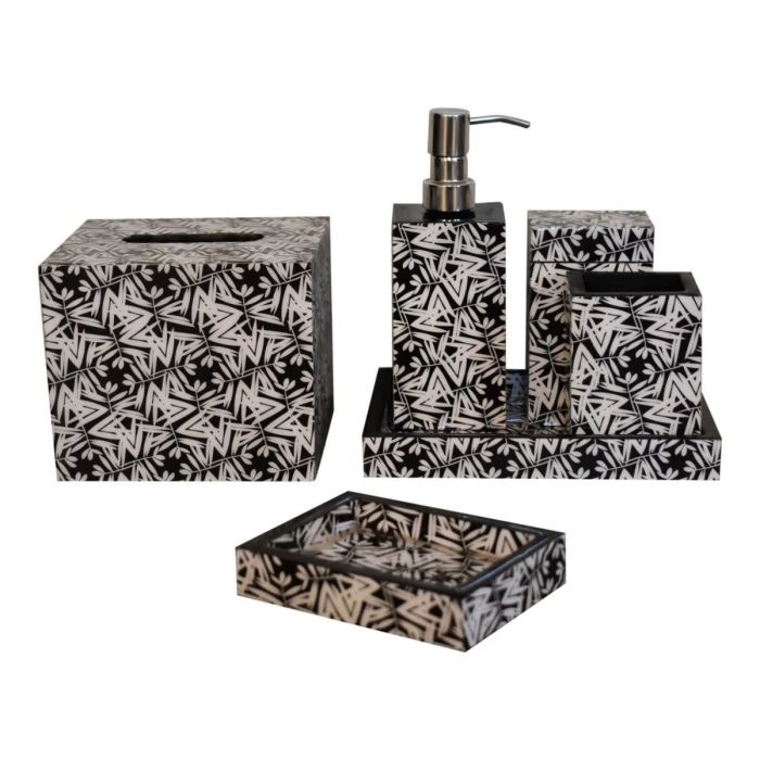 6Pc Aztec Printed Mango Wood Bathroom Set - White and Black