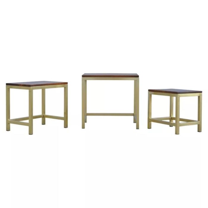 LIPARI Gold Metal Frame Chunky Wooden Top Set of 3 Nest of Stools - Chestnut Top