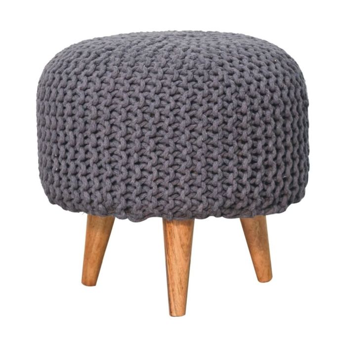 Solid Oak Legs Grey Round Woven Top Footstool
