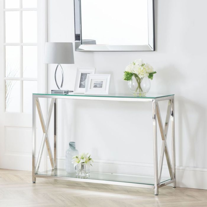 Miami Stainless Steel Cross Frame Design Console Table - Tempered Glass