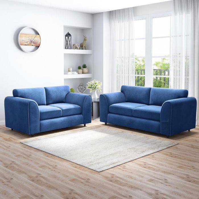 DELANO Plush Velvet 3 and 2 Seater Fullback Sofa Set - Midnight Blue