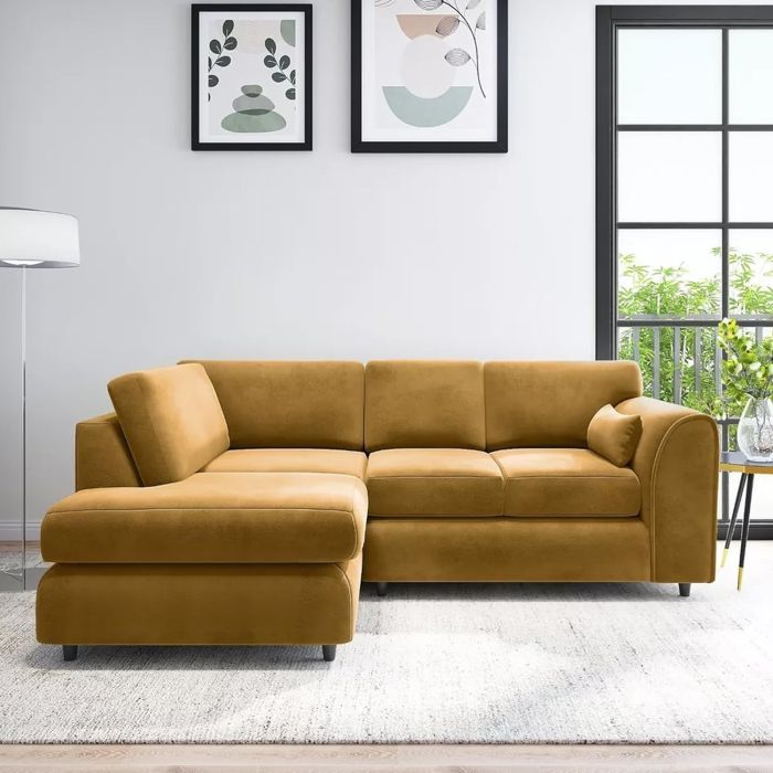 DELANO Plush Velvet 4 Seater L Shaped Fullback Corner Sofa - Mustard