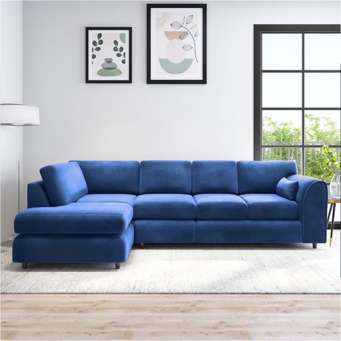 DELANO Plush Velvet Large 5 Seater L Shaped Fullback Corner Sofa - Midnight Blue