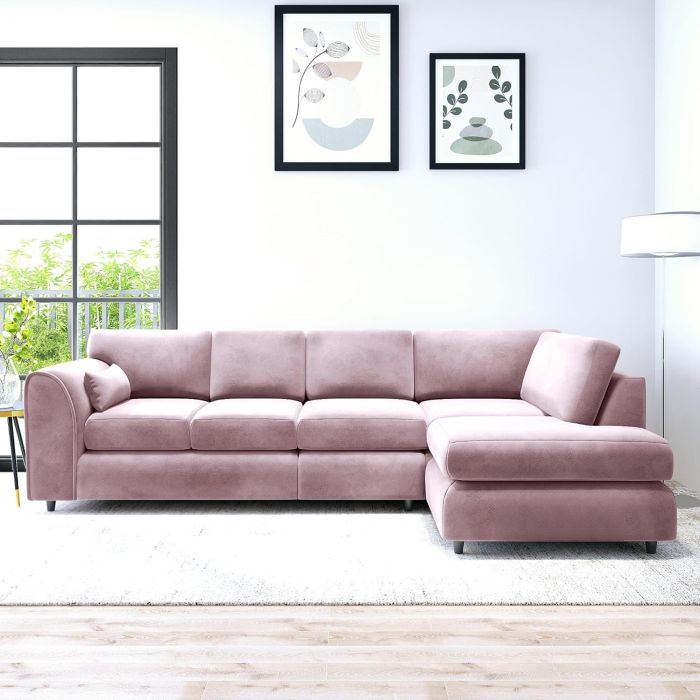 DELANO Plush Velvet Large 5 Seater L Shaped Fullback Corner Sofa - Pink