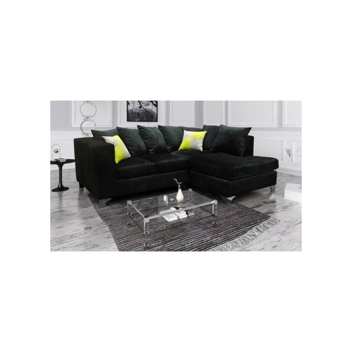 AURELO Plush Velvet 4 Seater L Shaped - Right Hand Facing Corner Sofa - Black