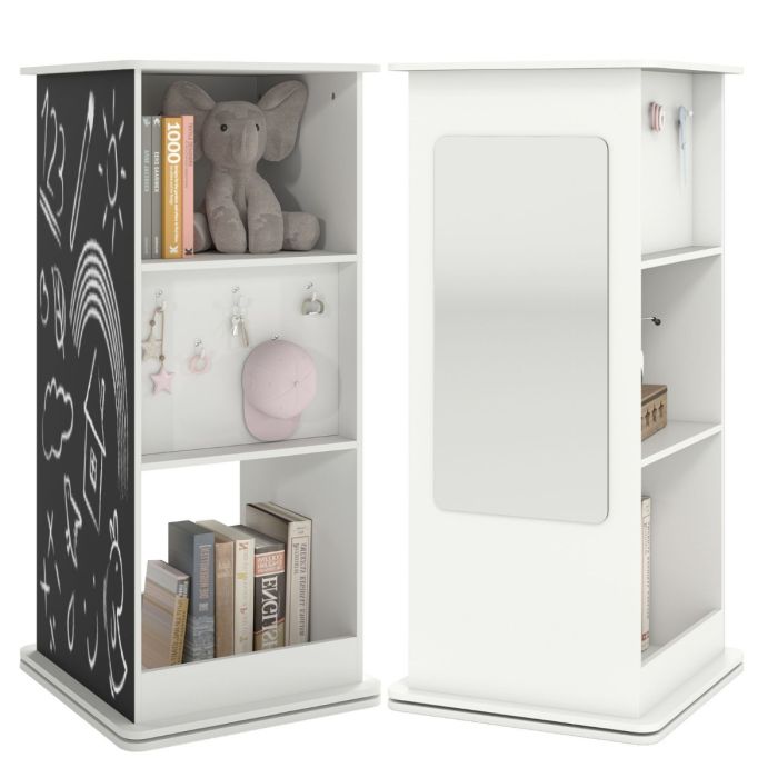 360degree Spinning Corner Bookcase with Chalkboard and Open Compartments-White