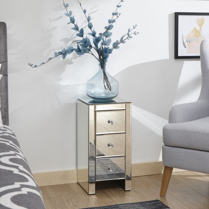 3 Drawer Clear Glass Mirrored Slim Chest of Drawers - Set of 2