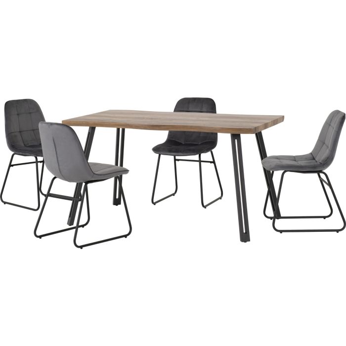 Quebec Wave Edge Dining Set with Lukas Chairs - Oak Effect Black Grey Velvet