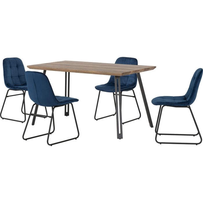 Quebec Straight Edge Dining Set with Lukas Chairs - Oak Effect Black Sapphire Blue Velvet