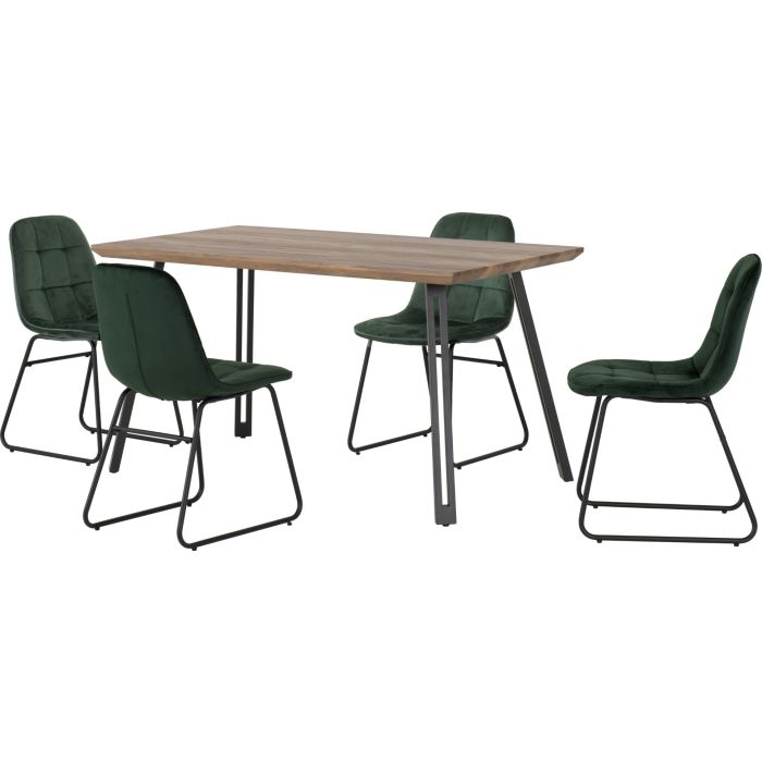 Quebec Straight Edge Dining Set with Lukas Chairs - Oak Effect Black Emerald Green Velvet