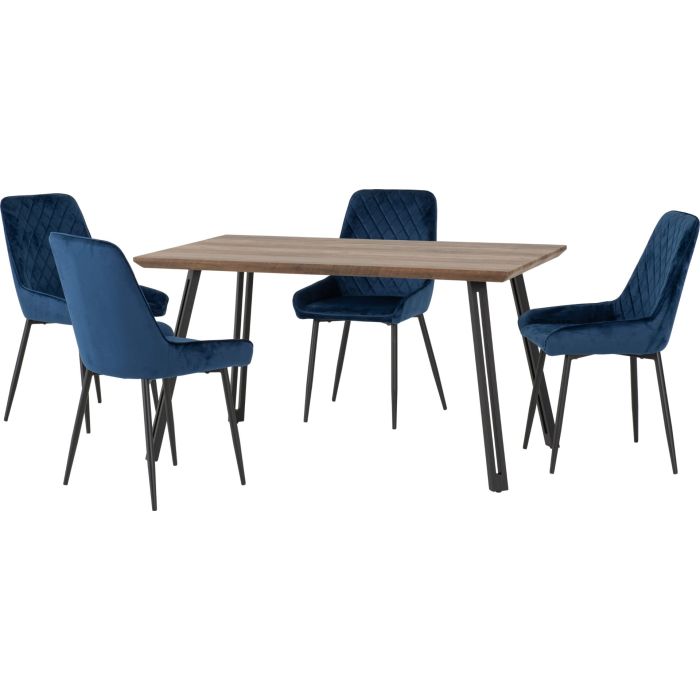 Quebec Straight Edge Dining Set with Avery Chairs - Oak Effect Black Sapphire Blue Velvet