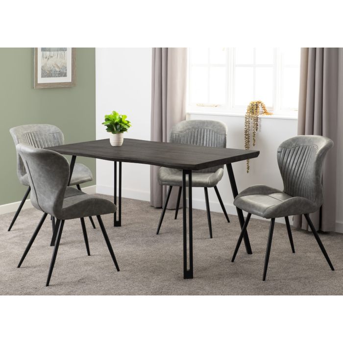 Quebec Wave Edge Dining Set - Black Wood Grain Black Grey Faux Leather