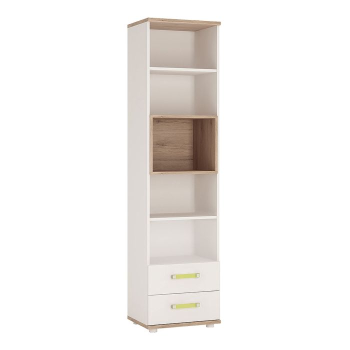 4Kids Tall 2 Drawer Bookcase - Light Oak and white High Gloss (lemon handles)