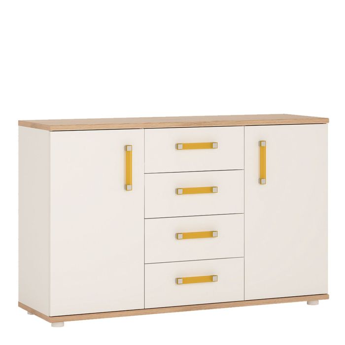 4Kids 2 Door 4 Drawer Sideboard - Light Oak and white High Gloss (orange handles)