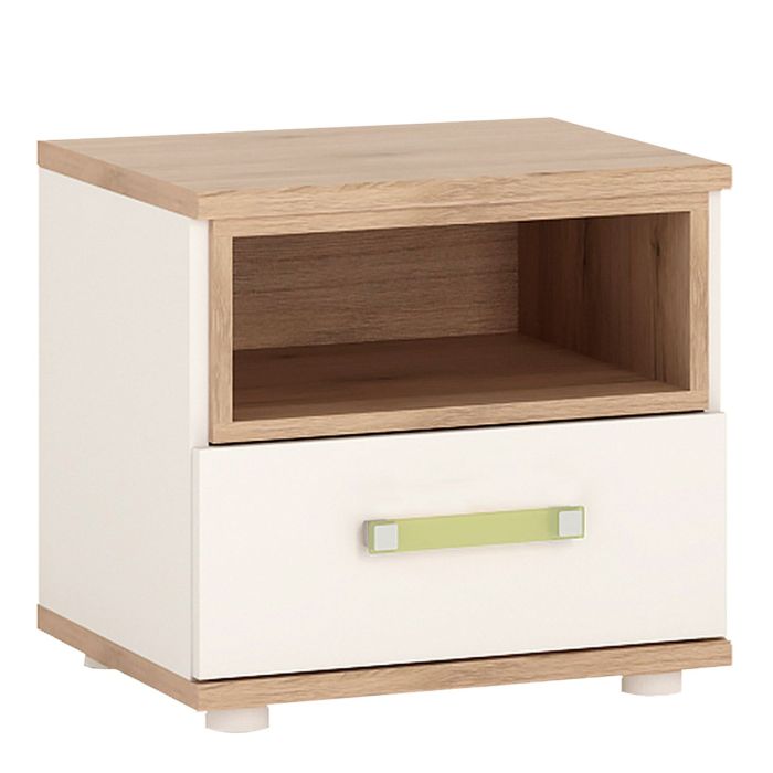 4Kids 1 Drawer Bedside Cabinet - Light Oak and White High Gloss Lemon Handles