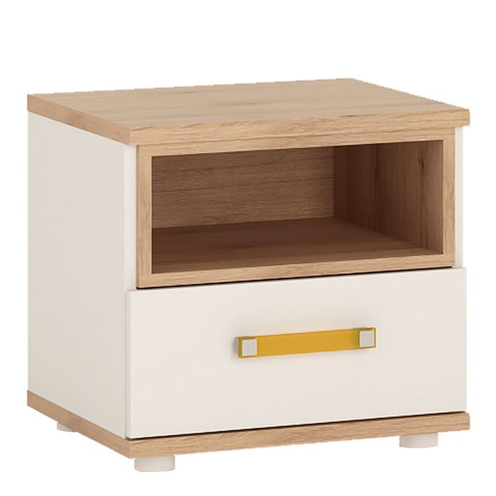 4Kids 1 Drawer Bedside Cabinet - Light Oak and White High Gloss Orange Handles
