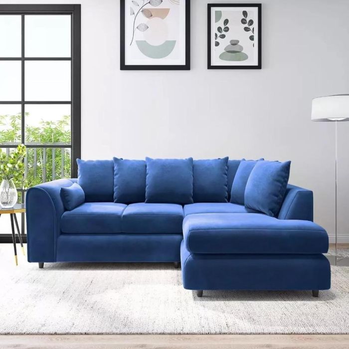 DELANO Plush Velvet 4 Seater L Shaped Scatterback Corner Sofa - Midnight Blue