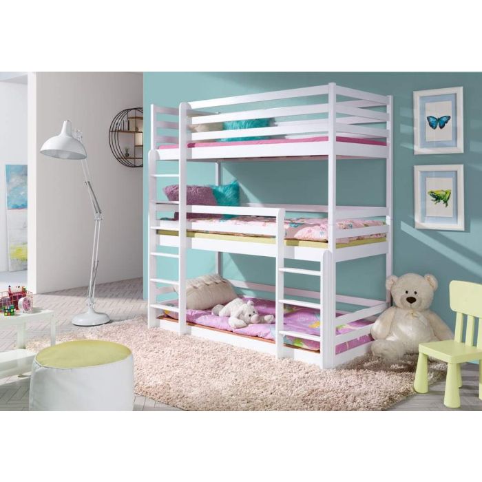 White Solid Pine Wooden Triple Bunk Bed Ted - with Foam Bonnell Mattress