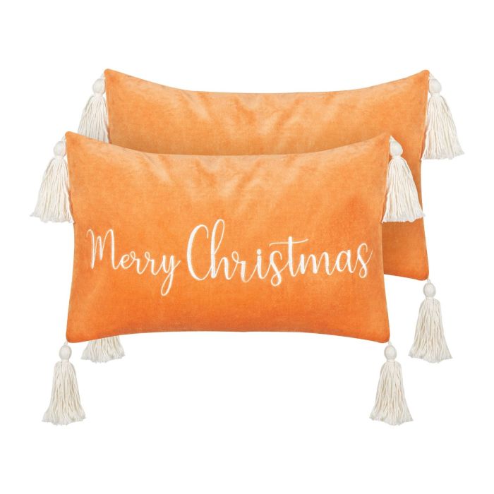 Lithops Set of 2 Velvet Cushions Christmas Motif with Tassels 30 x 50 cm - Orange