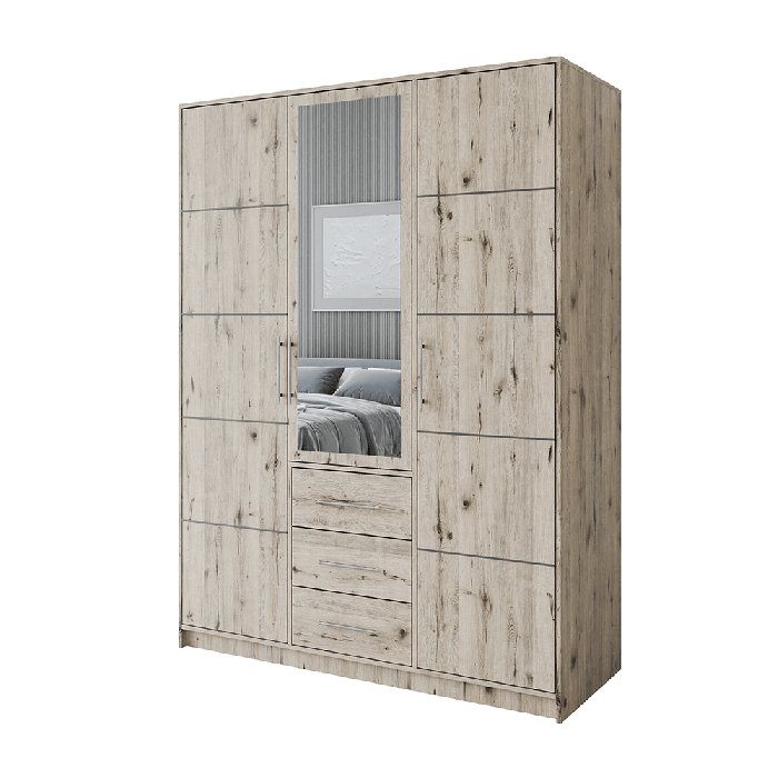 BARNSLEY 3 Door Mirrored Wardrobe with 3 Drawers Oak Wellington - 147cm