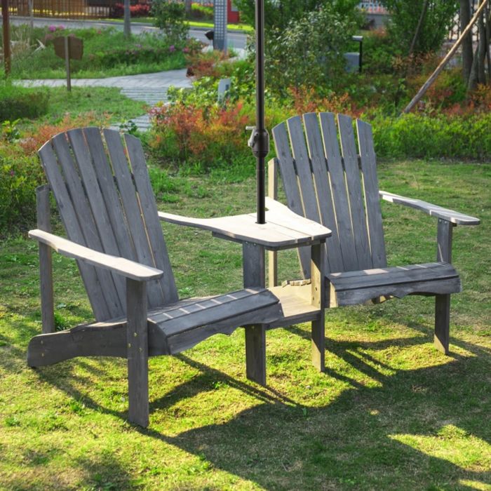 Adirondack Outdoor Loveseat Chairs Set of 3 with Center Table and Umbrella Hole - Grey