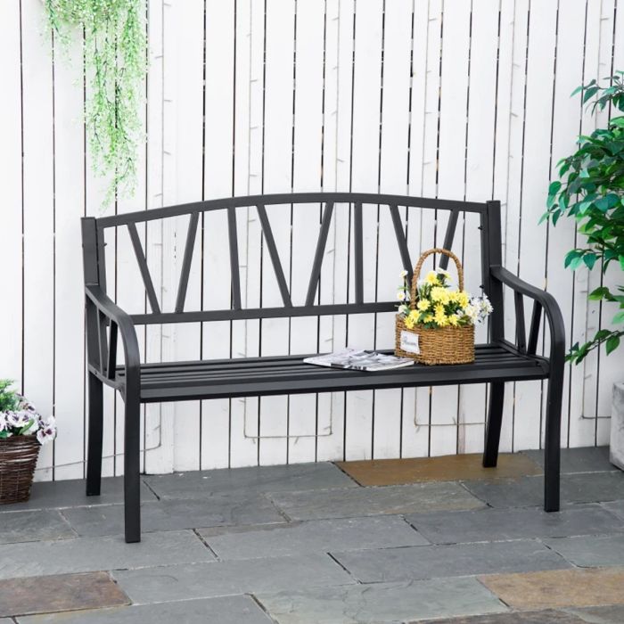 Metal Frame Decorative Backrest 2 Seater Garden Bench - Black