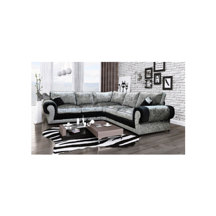 CAMLI Crushed Velvet 5 Seater L Shaped Fullback Corner Sofa - Black with Silver