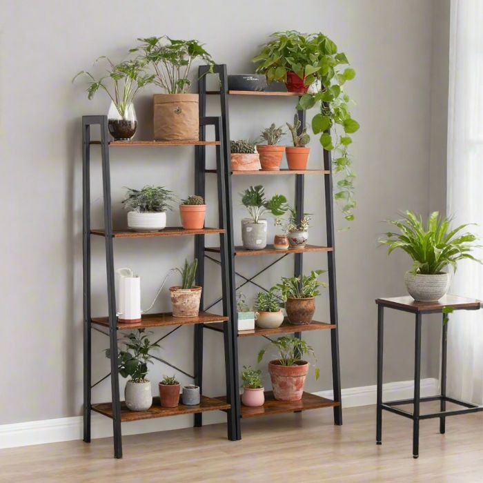 PRISTANE Ladder Shelf 5-Tier Bookcase and Plant Stand - Rustic Brown