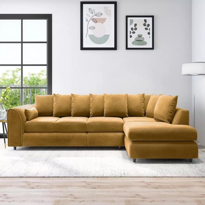 DELANO Plush Velvet Large 5 Seater L Shaped Scatterback Corner Sofa - Mustard