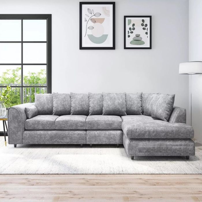 LORVANI Fabric Large 5 Seater L Shaped Scatterback Corner Sofa - Light Grey, Right Hand Facing