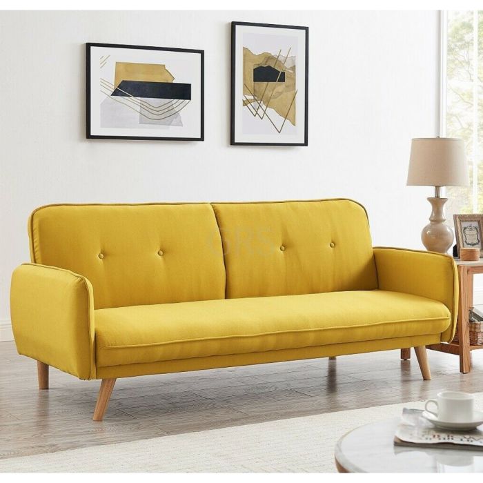 Natural Wood Legs Tufted Backrest 3 Seater Fabric Sofabed - Charcoal, Mustard