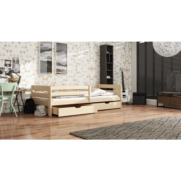 Erik Wooden Bed with 2 Drawers Storage and Foam Mattress - Pine