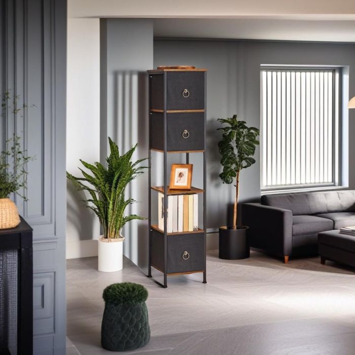 NOVATRA Storage Cabinet Tall Narrow Corner Unit with 3 Fabric Drawers - Grey