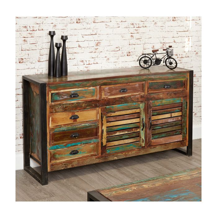 Laura Chic Reclaimed Wood  2 Door Large Sideboard with 6 Drawer - Natural Wood