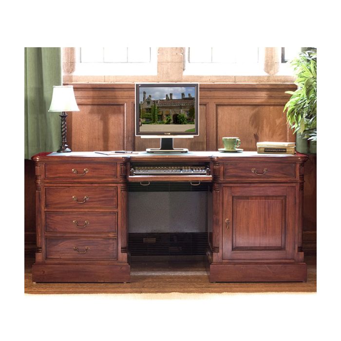 Royston 4 Drawer Computer Table With Door, Keyboard Drawer and Antiqued Brass Handles - Mahogany Finish