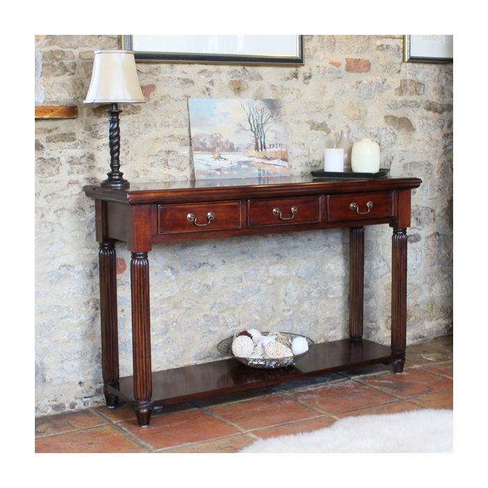 Royston 3 Drawer Console Table with Antiqued Brass Handles - Mahogany Finish