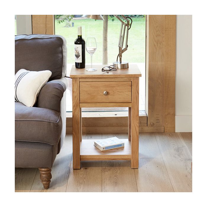 Harriet Contemporary Solid Oak Lamp Table with Drawer and Shelf