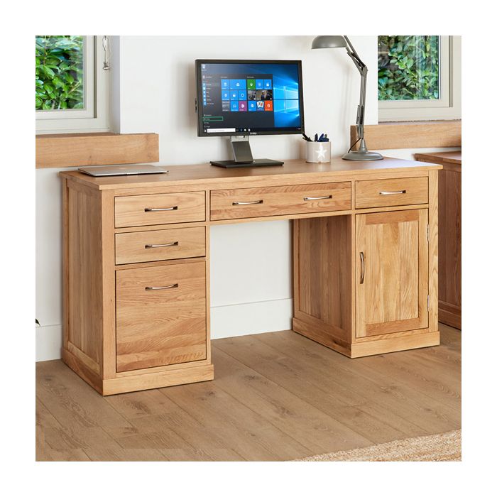 Harriet Oak Contemporary Large Twin Pedestal Computer Desk with Door and Drawer