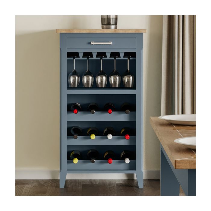 Ransley Oak Parquet Wine Rack with Drawer - Blue