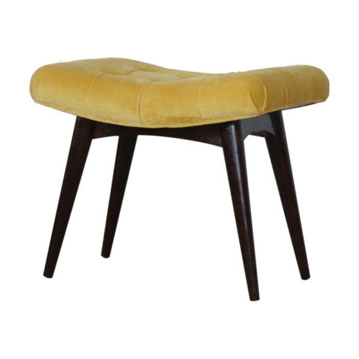 Solid Mango Wood Upholstered Velvet Curved  Bench - Mustard