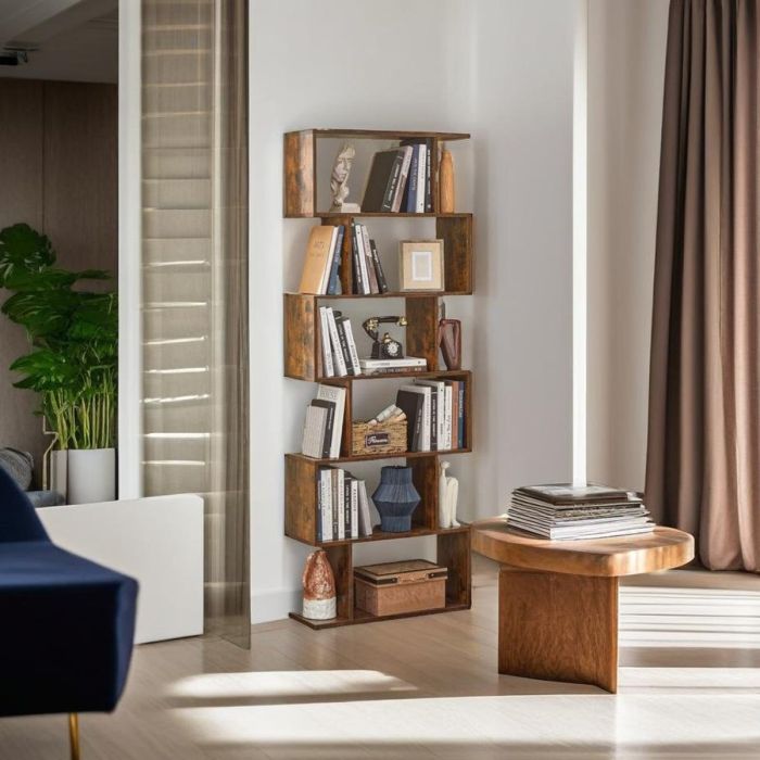 QUIVANTE Bookcase 6-Tier Modern Storage Shelf Unit - Rustic Brown