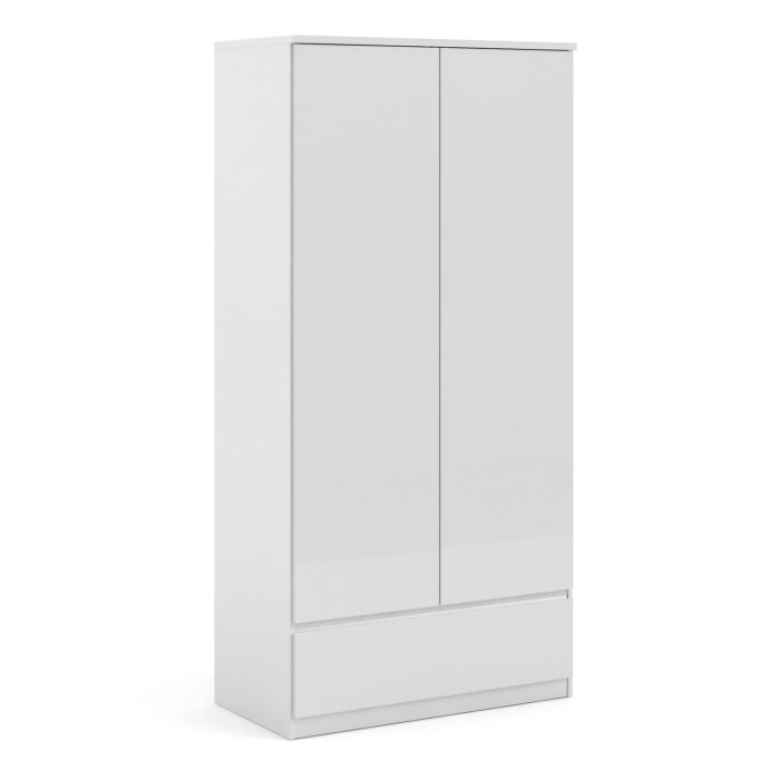 Naia Wardrobe with 2 Doors + 1 Drawer in White High Gloss - White High Gloss