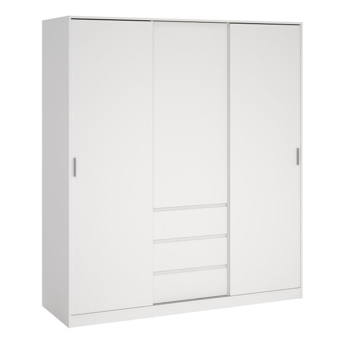 Sliding Wardrobe - NANAIMO 3 Doors 3 Drawers Wardrobe White 177cm