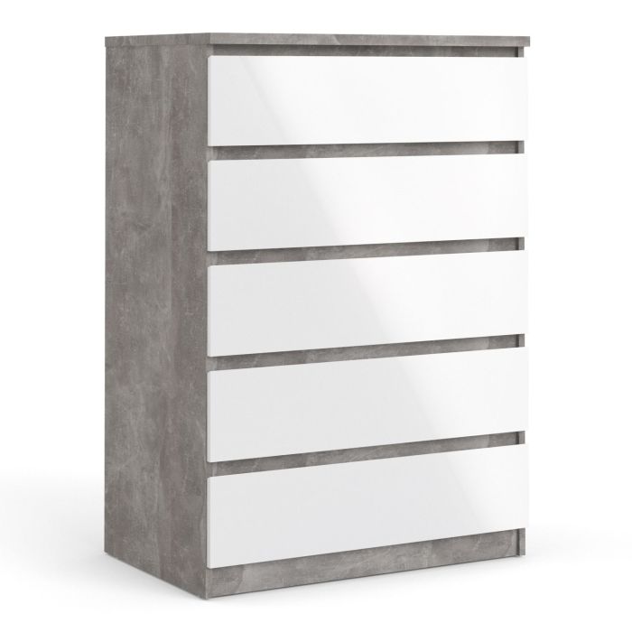 Naia Chest of 5 Drawers in Concrete and White High Gloss - Grey and White High Gloss