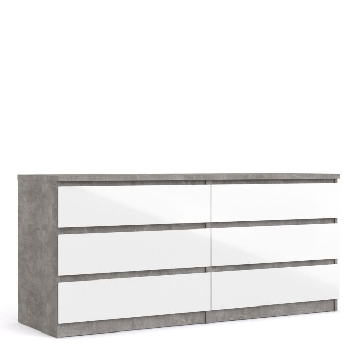 Naia Wide Chest of 6 Drawers - Concrete and White High Gloss 3+3