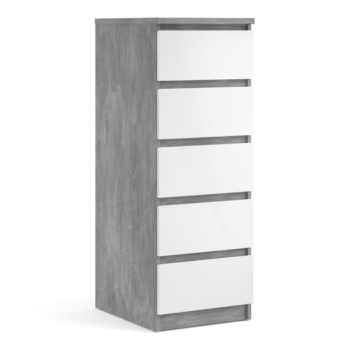 Naia Narrow Chest of 5 Drawers in Concrete and White High Gloss - Grey and White High Gloss