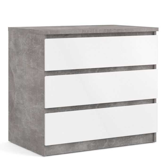 Naia Chest of 3 Drawers in Concrete and White High Gloss - Grey and White High Gloss