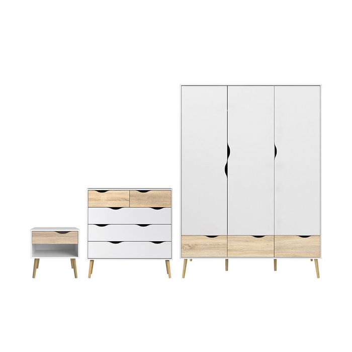 Wardrobe Set - OSSETT 3 Door Bedroom Set 3 Piece White and Oak 147cm