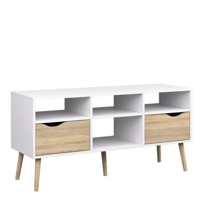 Oslo TV Unit - Wide - 2 Drawers 4 Shelves in White and Oak - White and Oak